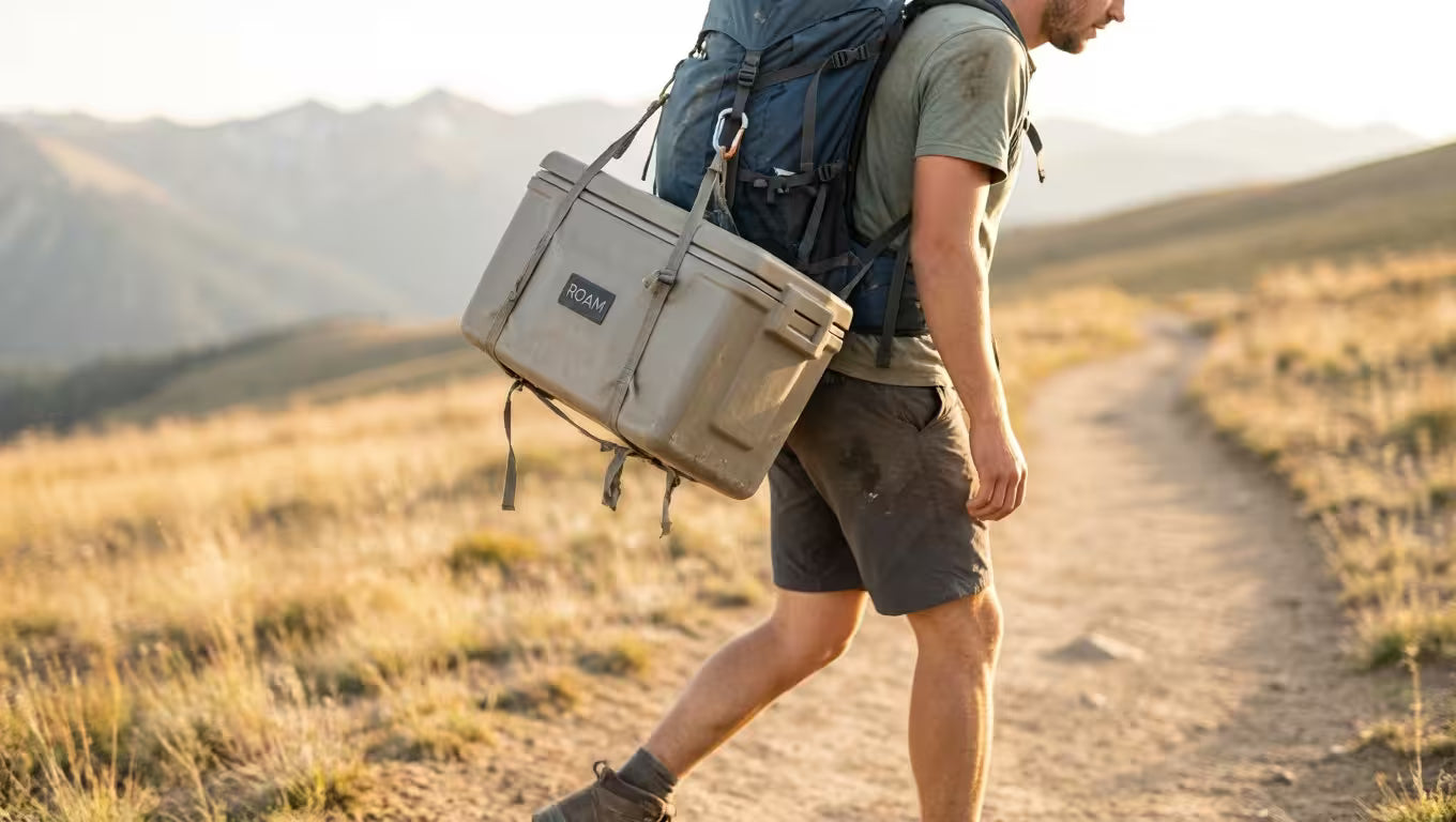 Heavy cooler carried to a campsite