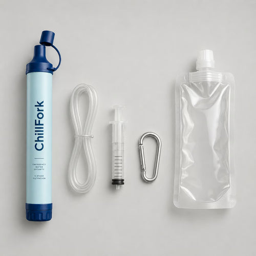 Complete Kit contents — filter straw, extension tube, backwash syringe, carabiner and water bag