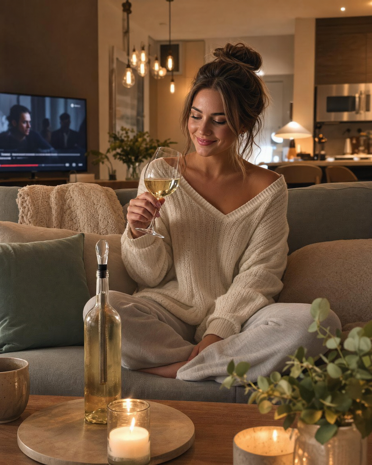 A quiet evening at home with a glass of chilled wine by candlelight